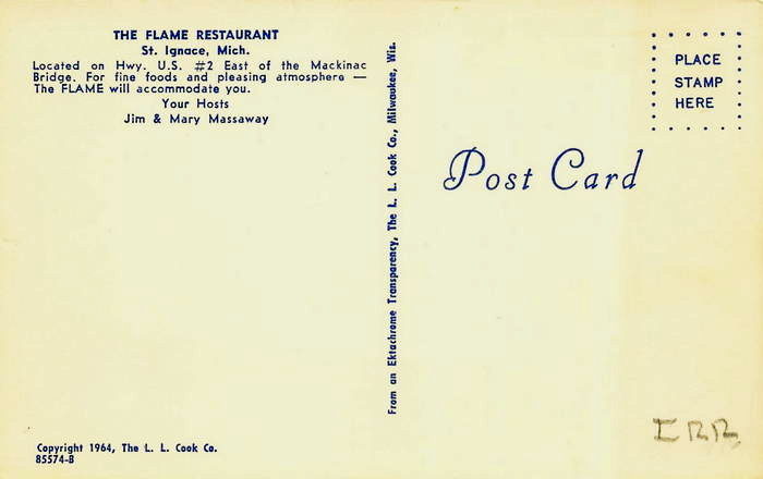 Mackinaw Pastie & Cookie Co (Flame Restaurant) - Vintage Postcard (newer photo)